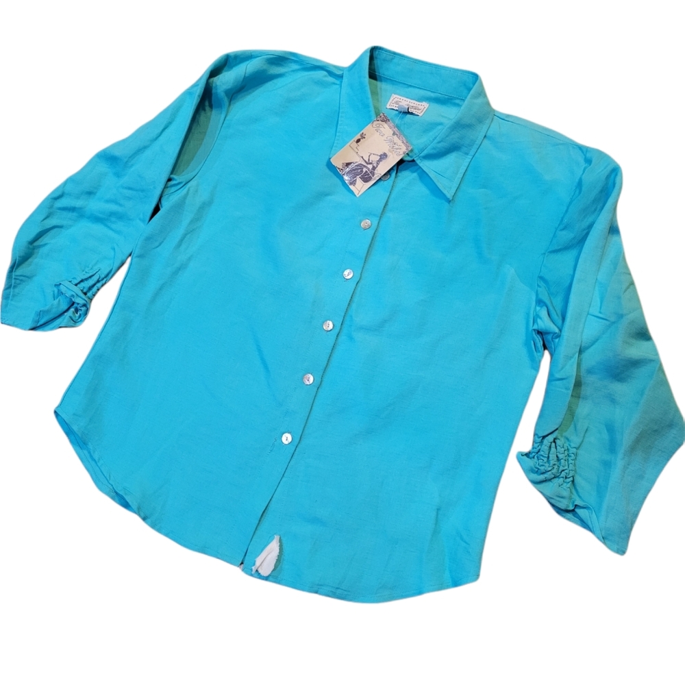NWT Two Wishes Linen Rayon Blend Scrunch Sleeve Button Top sz S